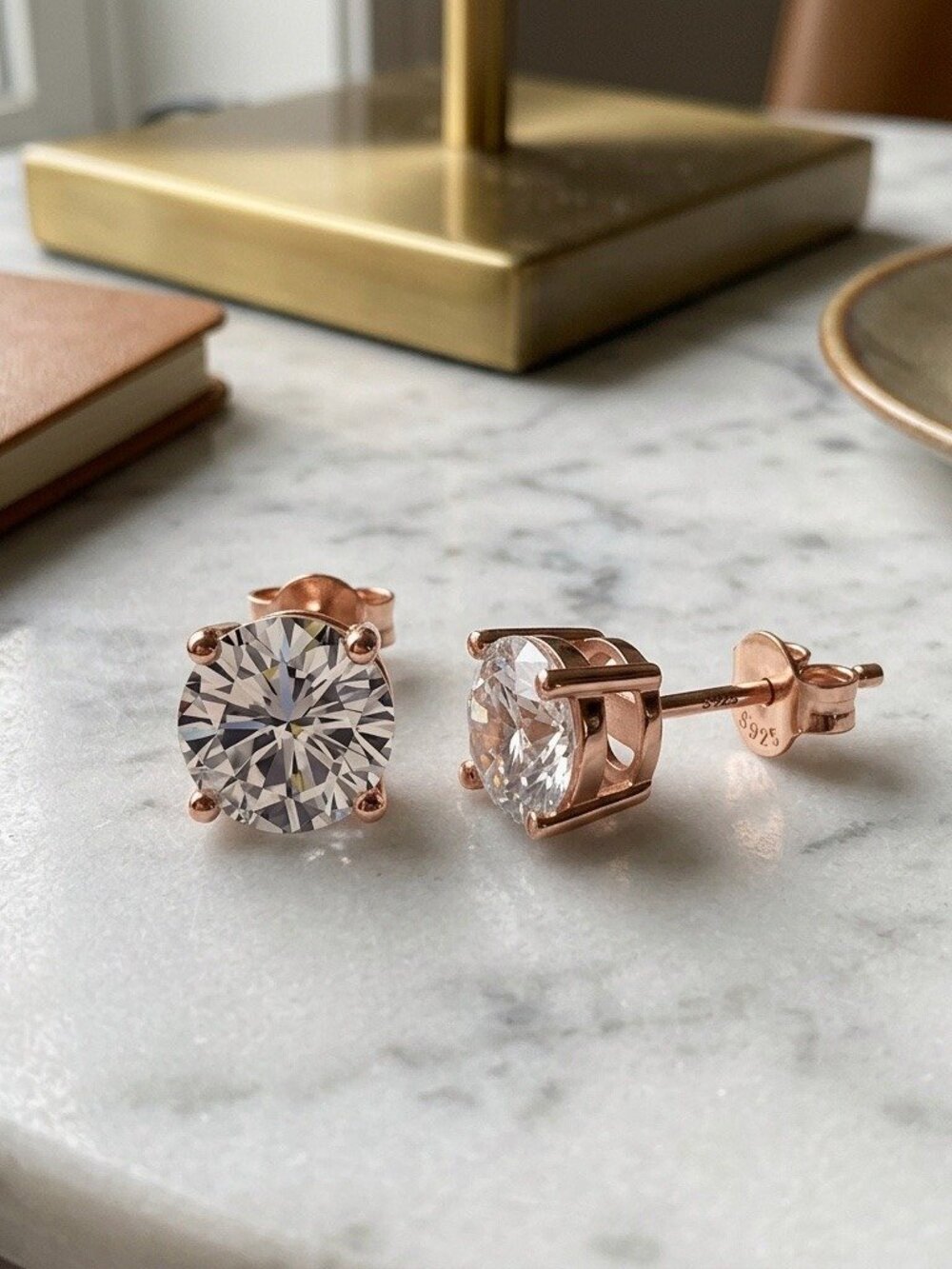 Rose Gold Round CZ Stud Earrings 925 Sterling Silver 6mm Solitaire Studs